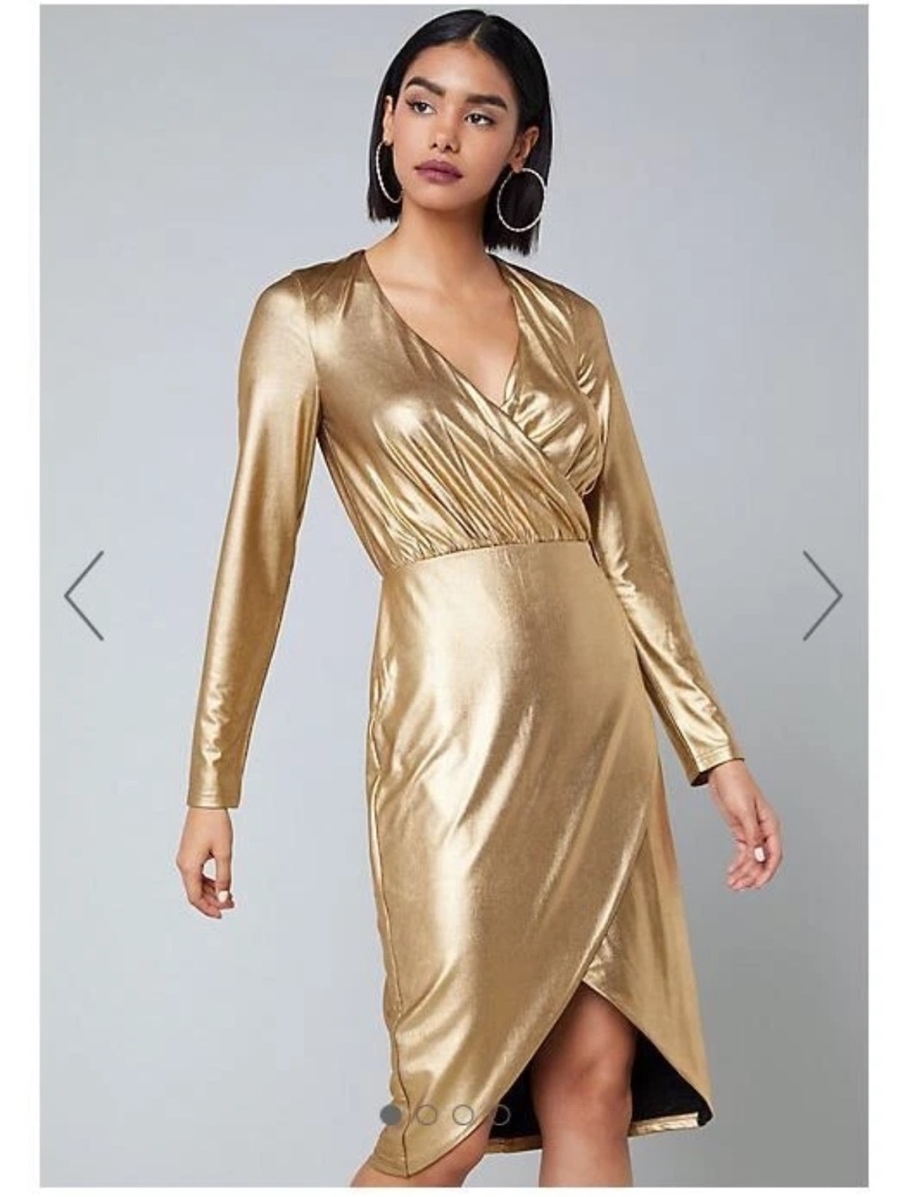 bebe Metallic Gold Wrap-Front Long Sleeve Midi Dress